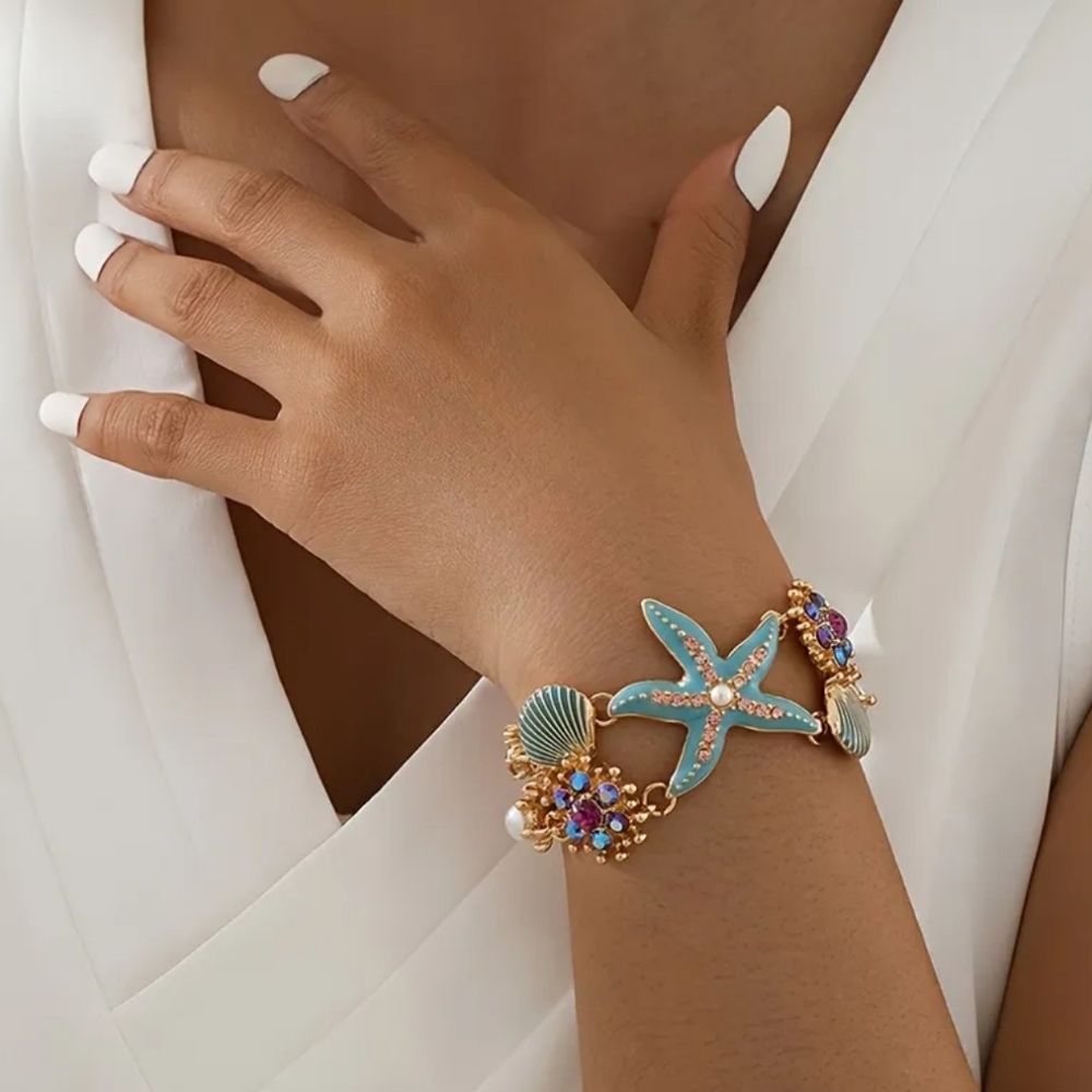 Starfish Bracelet with Gold and Blue Accents Fashion Jewelry Ocean Theme - Picture 3 of 4